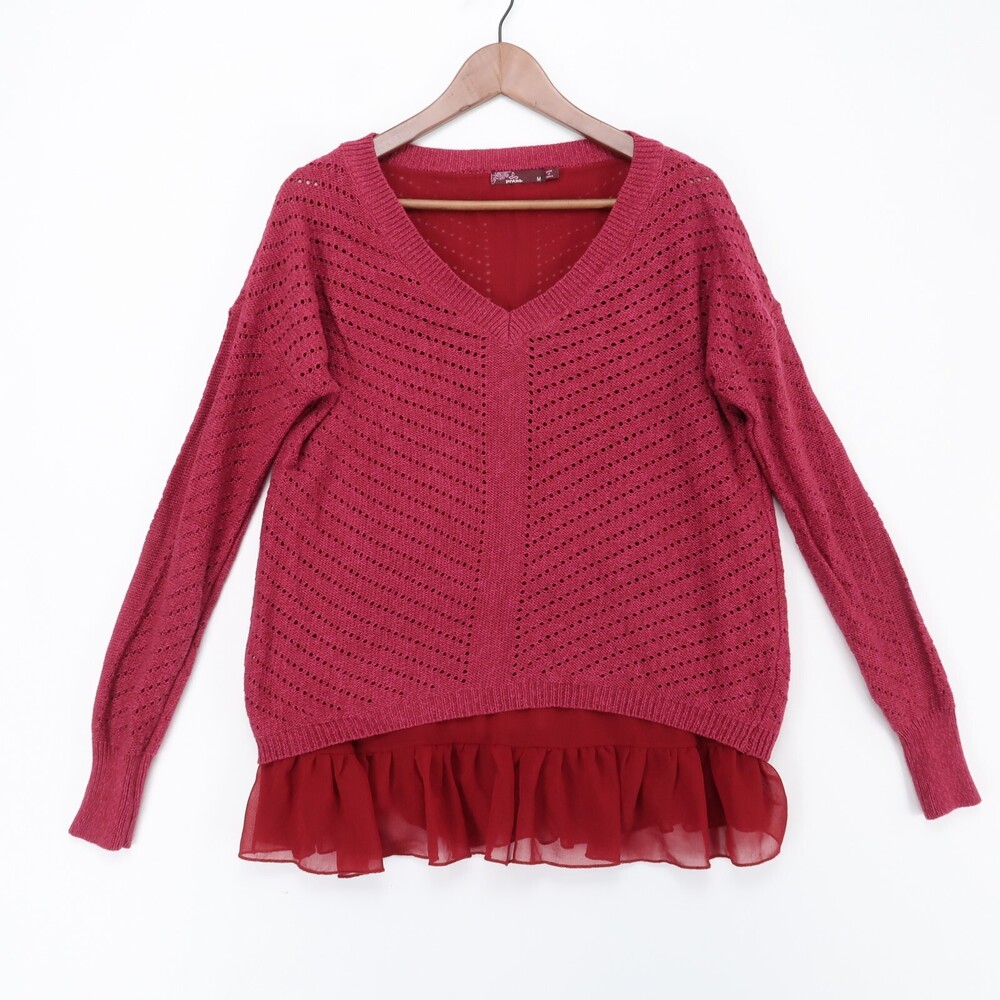Prana Ellery Sweater Womens M Plum V Neck‎ Ruffle Hem Knit Long Sleeve Cotton